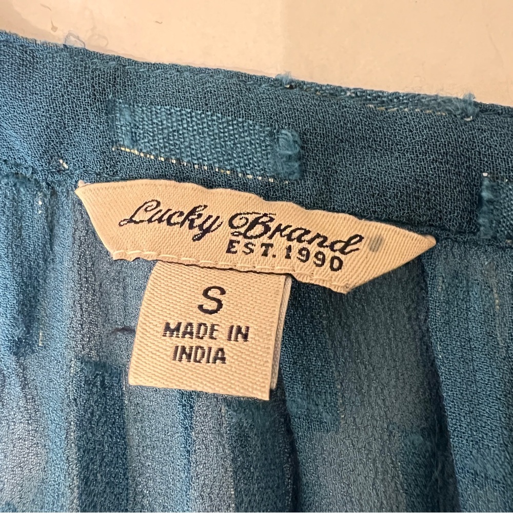 Lucky Brand Sheer Teal Patterned Blouse Metallic Accents Small - Picture 7 of 11